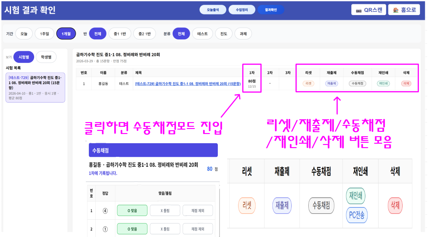결과확인 화면에서 학생 결과를 보고 필요한 문제 설명 흐름으로 이어질 수 있습니다.